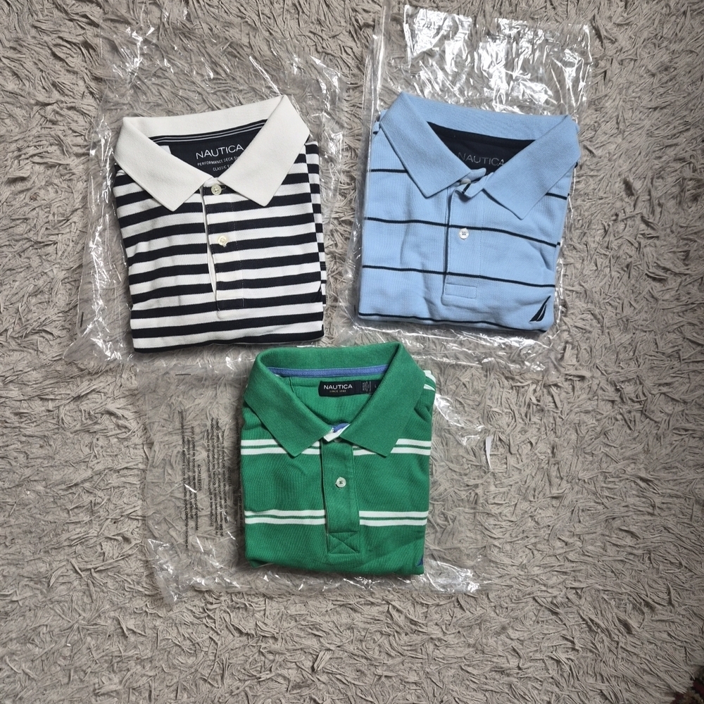 Mens Nautica Polo Shirt Bundle Lot Size Large L Stripes Green White Navy Blue Pr